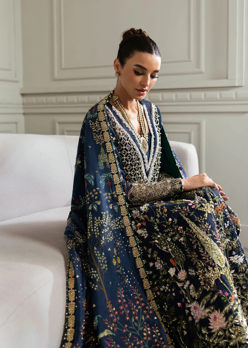 Saira Shakira | Navy Blue Organza Embellished Sharara