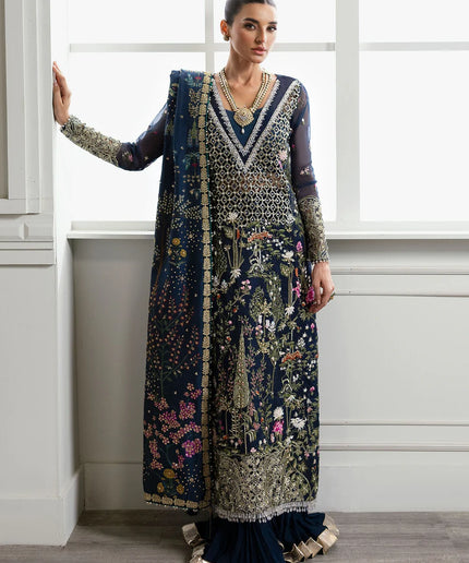 Saira Shakira | Navy Blue Organza Embellished Sharara
