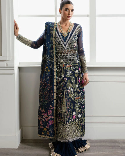 Saira Shakira | Navy Blue Organza Embellished Sharara