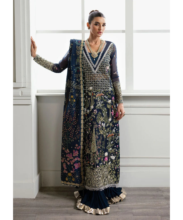 Saira Shakira | Navy Blue Organza Embellished Sharara