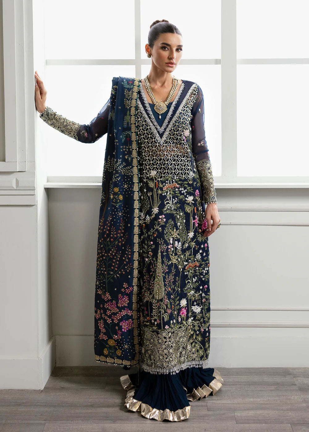 Saira Shakira | Navy Blue Organza Embellished Sharara