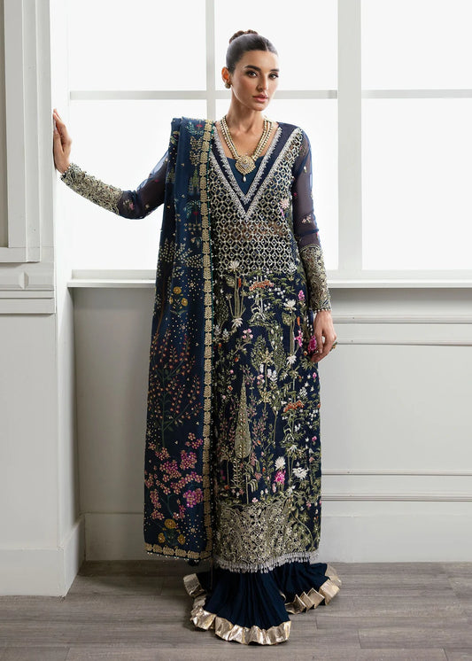 Saira Shakira | Navy Blue Organza Embellished Sharara