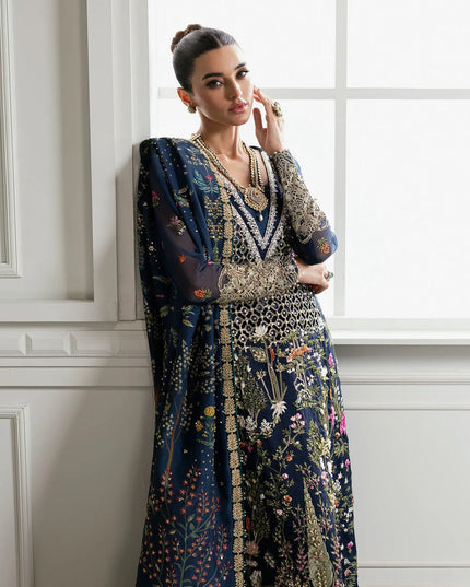 Saira Shakira | Navy Blue Organza Embellished Sharara