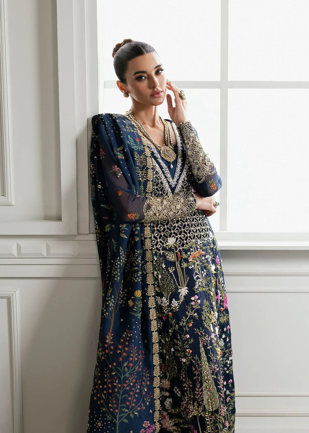 Saira Shakira | Navy Blue Organza Embellished Sharara