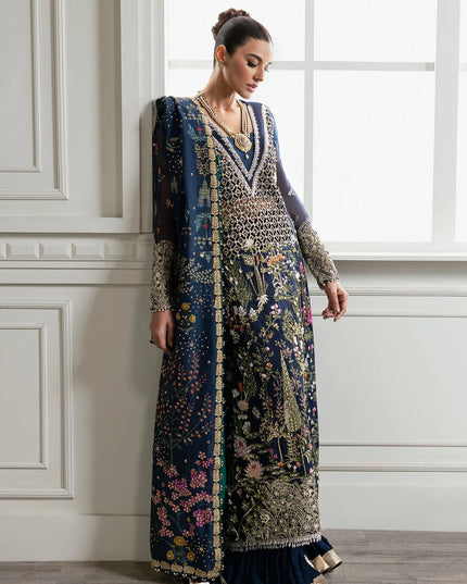 Saira Shakira | Navy Blue Organza Embellished Sharara