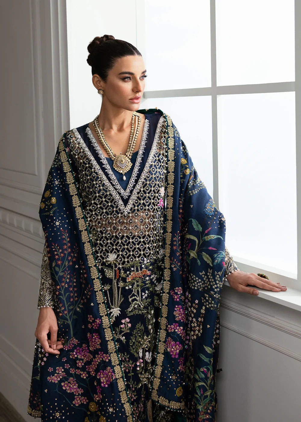 Saira Shakira | Navy Blue Organza Embellished Sharara
