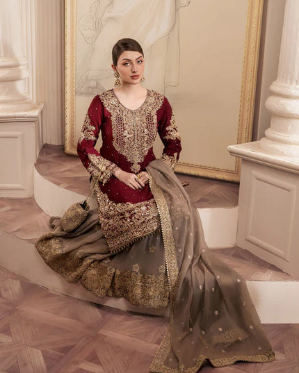 Zarmina | Maroon Chiffon Embroidered Gharara