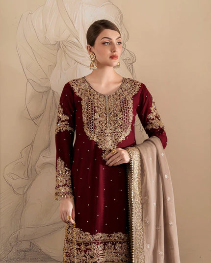 Zarmina | Maroon Chiffon Embroidered Gharara