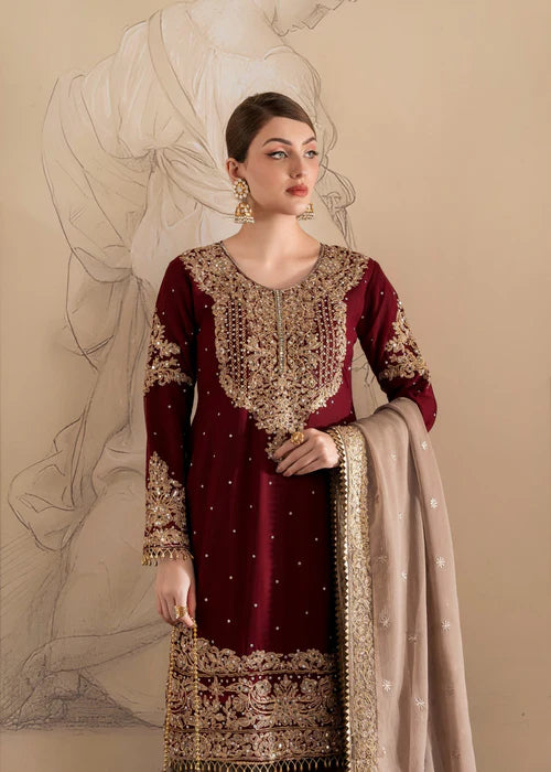 Zarmina | Maroon Chiffon Embroidered Gharara