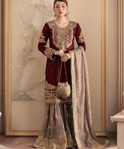 Zarmina | Maroon Chiffon Embroidered Gharara
