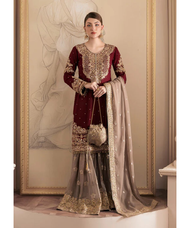 Zarmina | Maroon Chiffon Embroidered Gharara