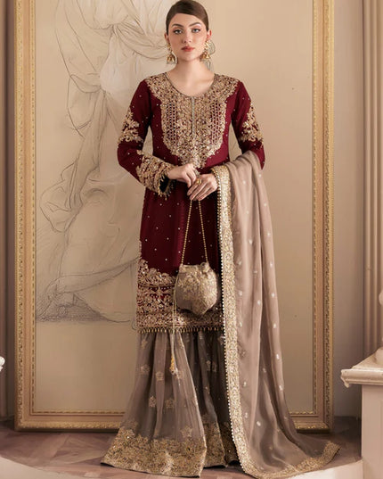 Zarmina | Maroon Chiffon Embroidered Gharara