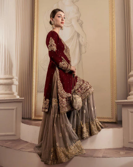 Zarmina | Maroon Chiffon Embroidered Gharara