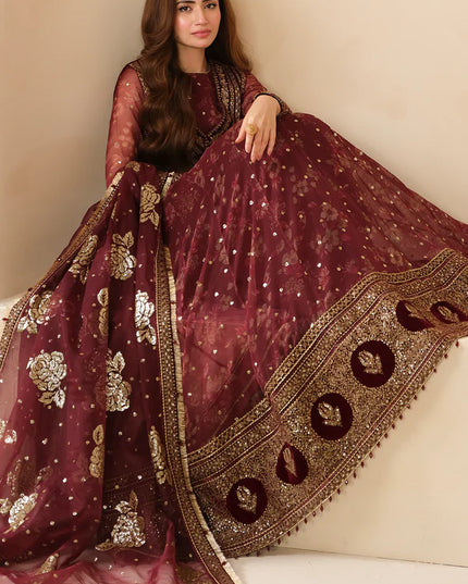 Sukhi | Maroon Embroidered Chiffon Velvet Maxi