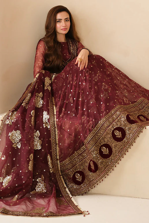 Sukhi | Maroon Embroidered Chiffon Velvet Maxi