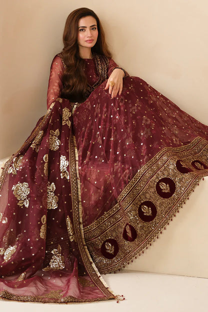 Sukhi | Maroon Embroidered Chiffon Velvet Maxi