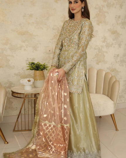 Sehar | Pistachio Green Tissue Embellished Sharara