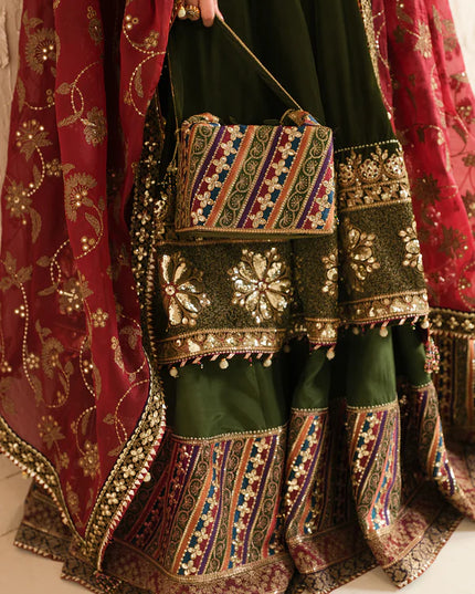 Rumi | Green Embroidered Velvet Lehenga