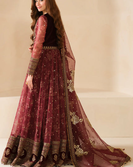 Sukhi | Maroon Embroidered Chiffon Velvet Maxi