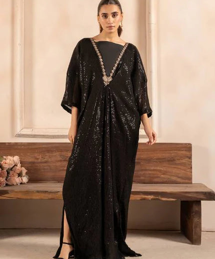 Surmayi | Black Chiffon Embroidered Kaftan