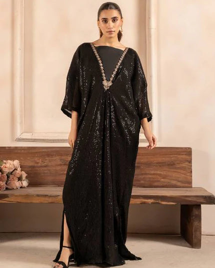 Surmayi | Black Chiffon Embroidered Kaftan