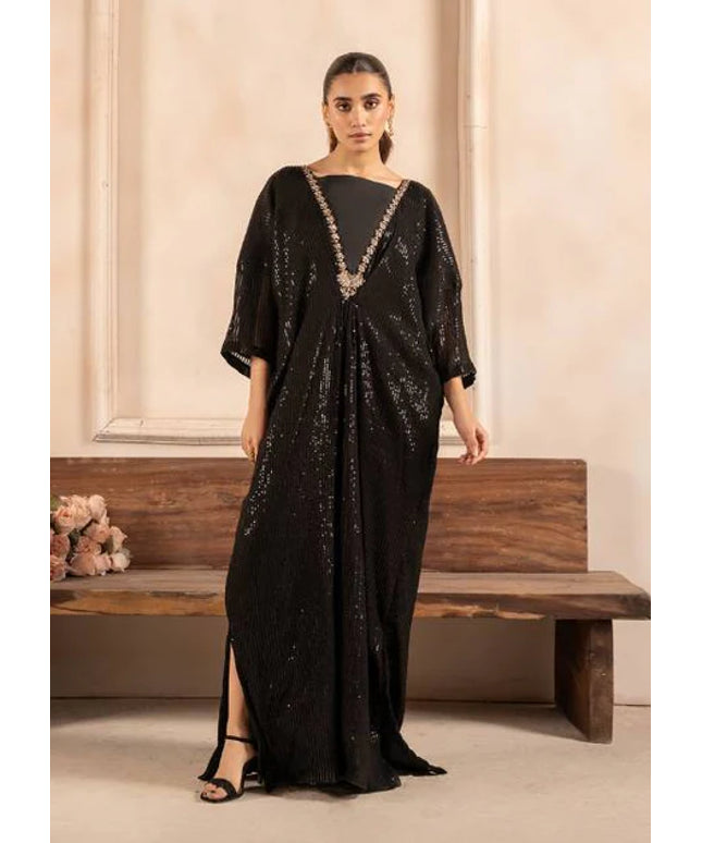 Surmayi | Black Chiffon Embroidered Kaftan