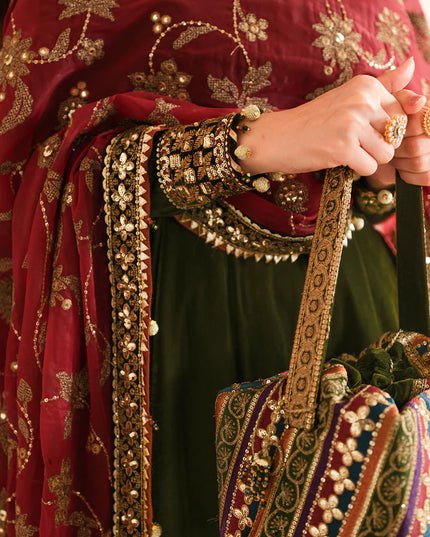 Rumi | Green Embroidered Velvet Lehenga
