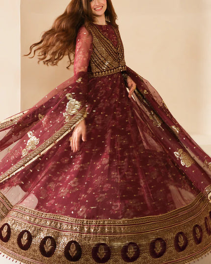 Sukhi | Maroon Embroidered Chiffon Velvet Maxi