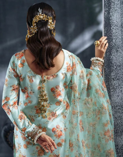Cyan | Sea Green Embellished Silk Suit