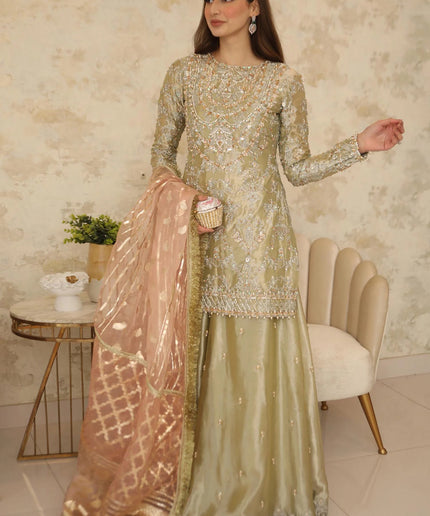 Sehar | Pistachio Green Tissue Embellished Sharara