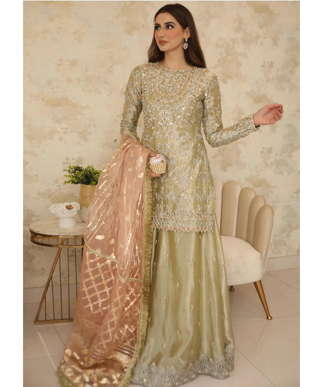 Sehar | Pistachio Green Tissue Embellished Sharara