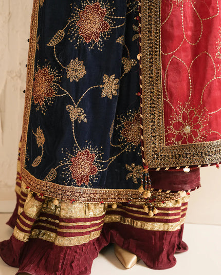 Jenene | Navy Embroidered Pure Velvet Sharara