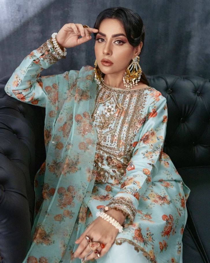 Cyan | Sea Green Embellished Silk Suit