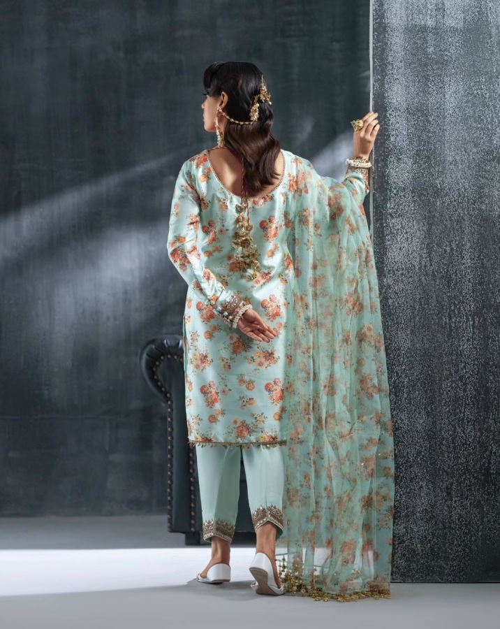 Cyan | Sea Green Embellished Silk Suit