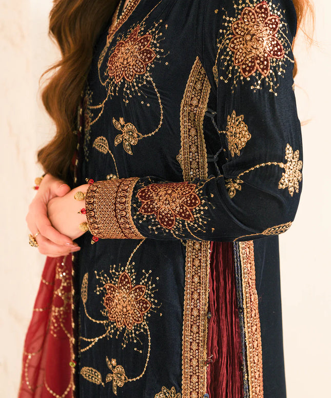 Jenene | Navy Embroidered Pure Velvet Sharara