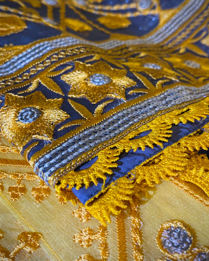 High quality stitching and embroidered sleeve in gold and navy blue colour