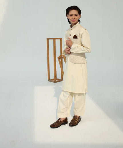 3 Piece | Boys Cream Wash & Wear Kurta Set