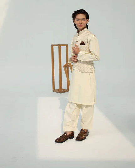 3 Piece | Boys Cream Wash & Wear Kurta Set