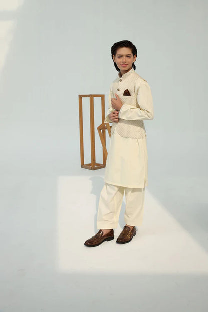 3 Piece | Boys Cream Wash & Wear Kurta Set