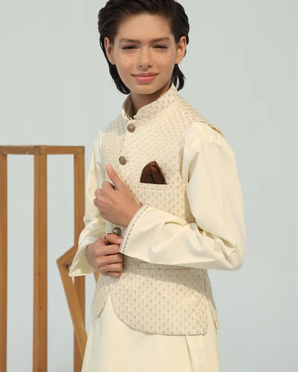 3 Piece | Boys Cream Wash & Wear Kurta Set