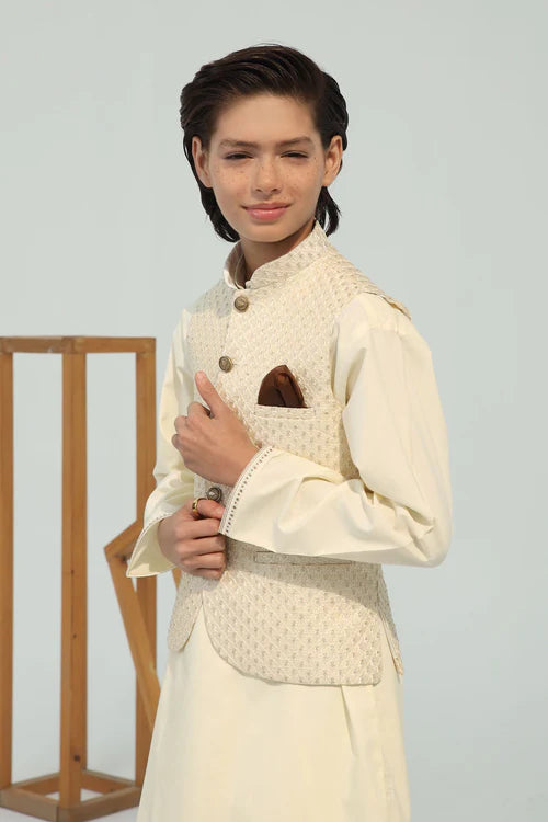3 Piece | Boys Cream Wash & Wear Kurta Set
