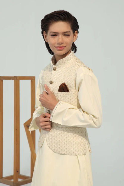 3 Piece | Boys Cream Wash & Wear Kurta Set