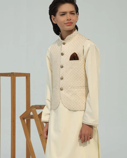 3 Piece | Boys Cream Wash & Wear Kurta Set