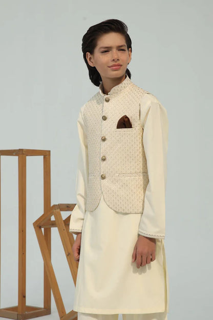 3 Piece | Boys Cream Wash & Wear Kurta Set