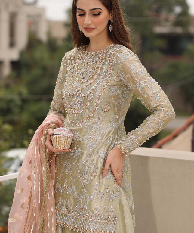 Sehar | Pistachio Green Tissue Embellished Sharara