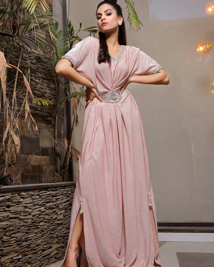 Lia | Blush Pink Embellished Jersey Kaftan