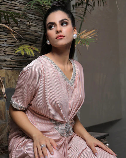 Lia | Blush Pink Embellished Jersey Kaftan