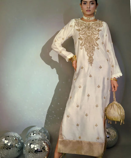 Lina | Off White Silk Embroidered Kaftan