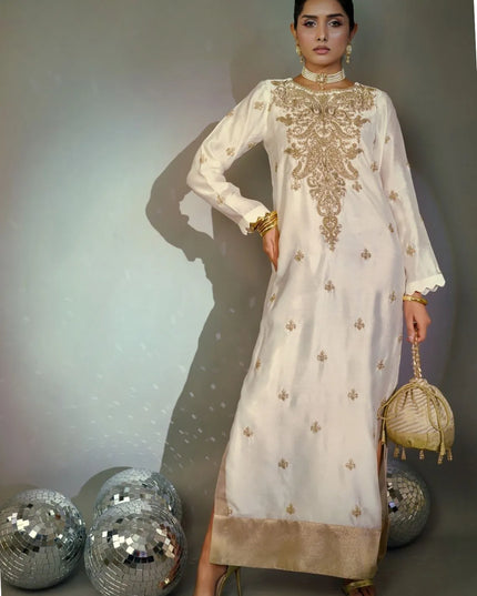 Lina | Off White Silk Embroidered Kaftan