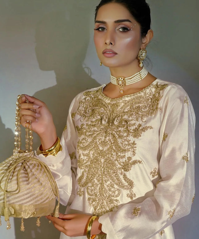 Lina | Off White Silk Embroidered Kaftan